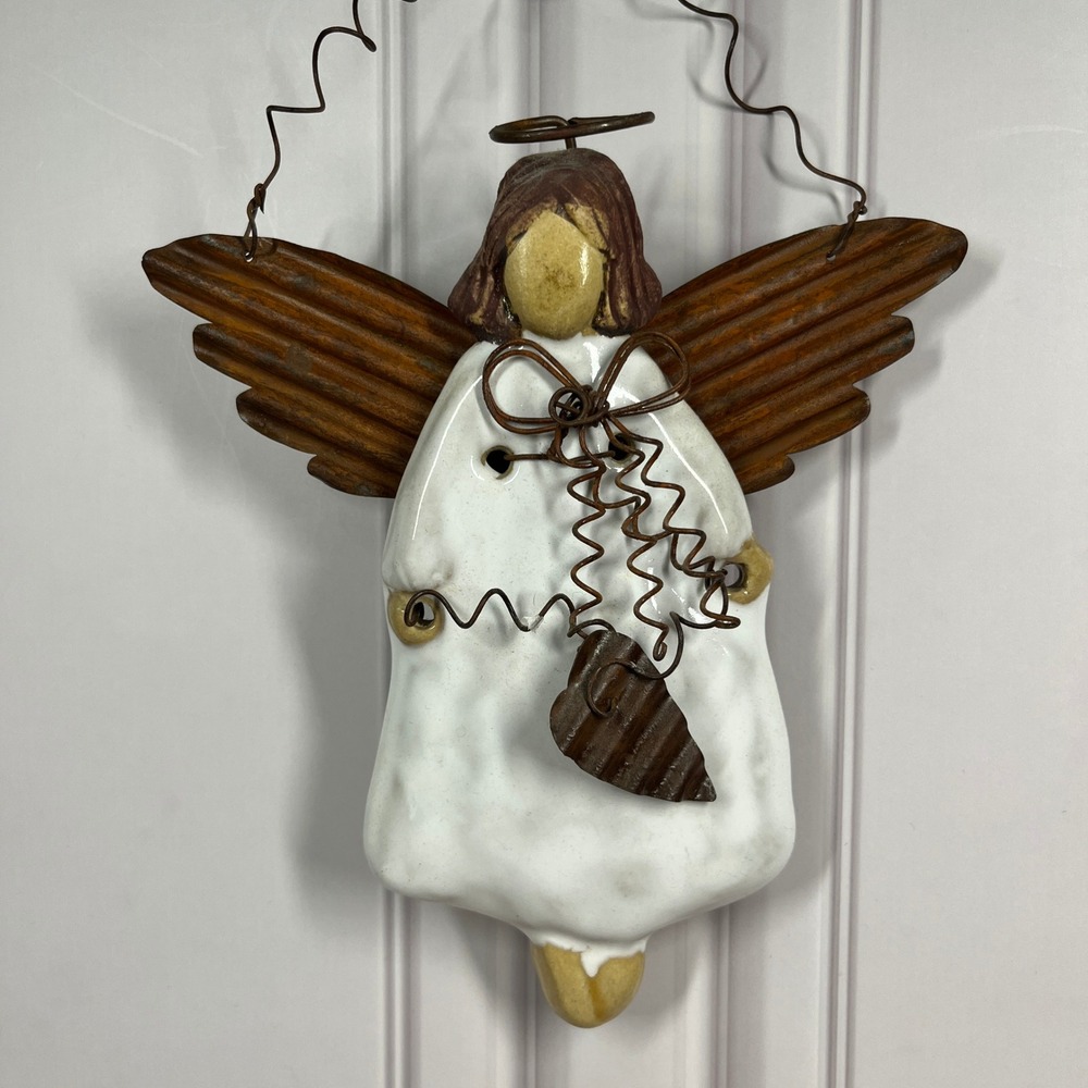 Angel Wall Hanging Ceramic Metal Wire Home Decor White Brown Rustic Primitive